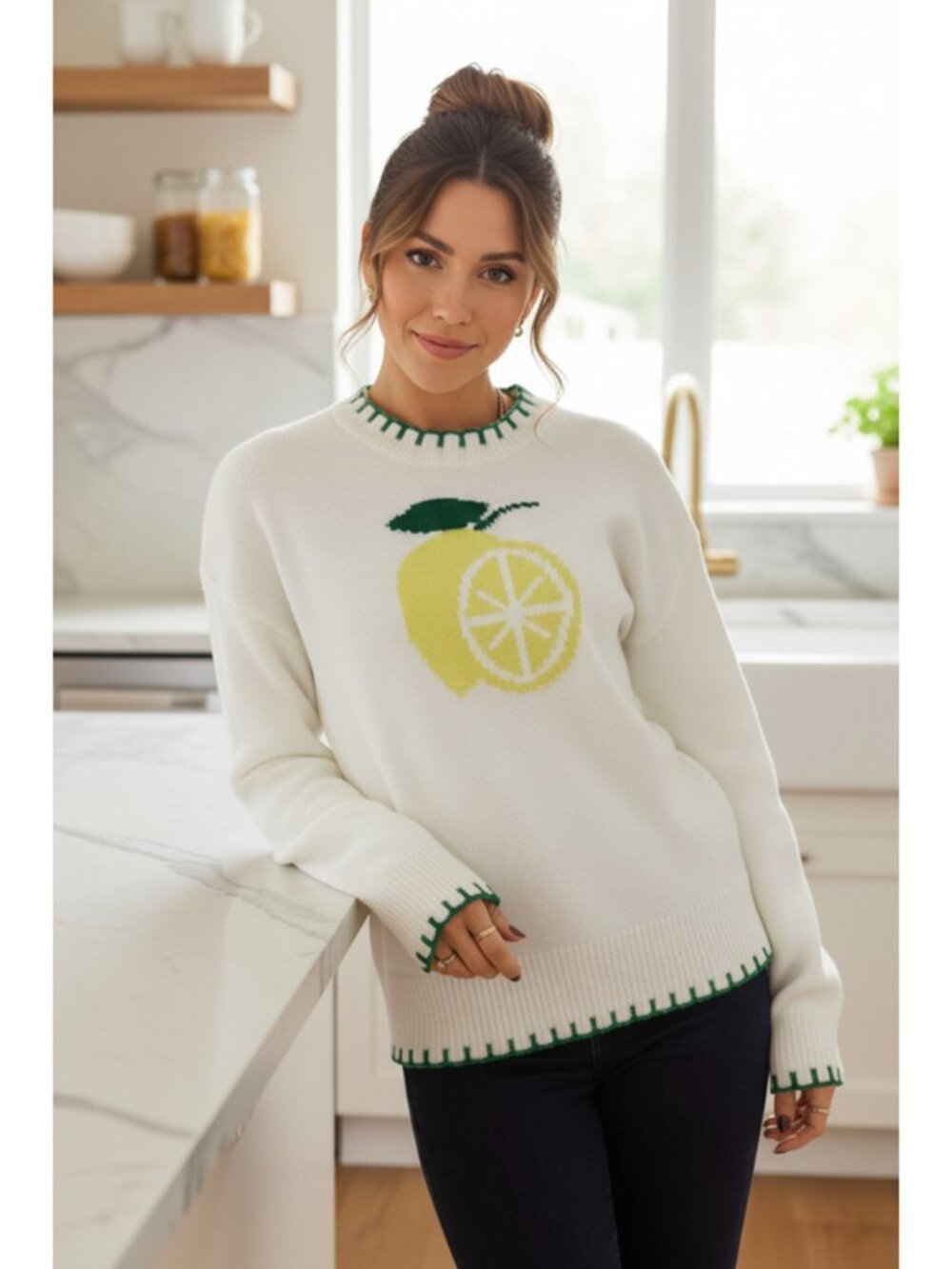 Lemon Intarsia Knit Blanket-Stitch Crew Neck Top Long Sleeve Pullover Sweater